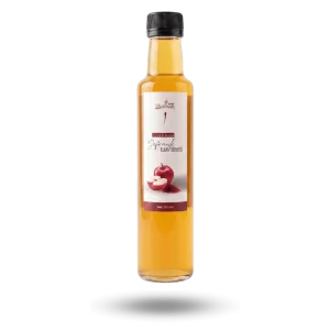 250 ml şeffaf cam şişede, doğal fermantasyon yöntemiyle üretilmiş organik safranlı elma sirkesi.