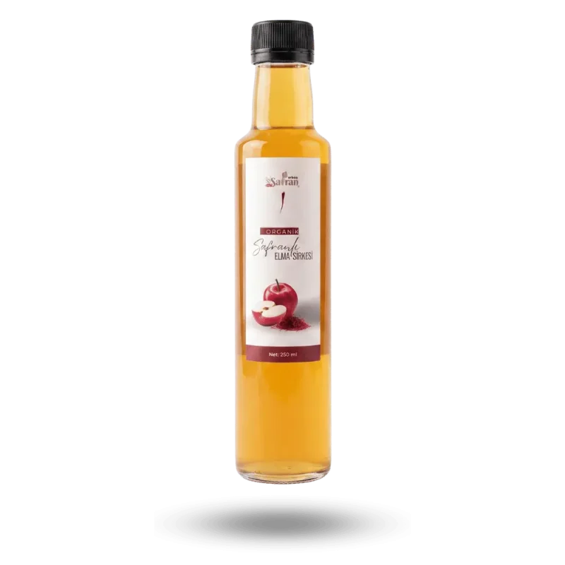 250 ml şeffaf cam şişede, doğal fermantasyon yöntemiyle üretilmiş organik safranlı elma sirkesi.