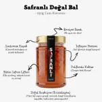 Safranlı doğal balın soğuk infüzyon yöntemi, polifloralı nektar yapısı ve yüksek krosin değerli safran lifleri gibi teknik detaylarını gösteren bilgilendirme şeması.