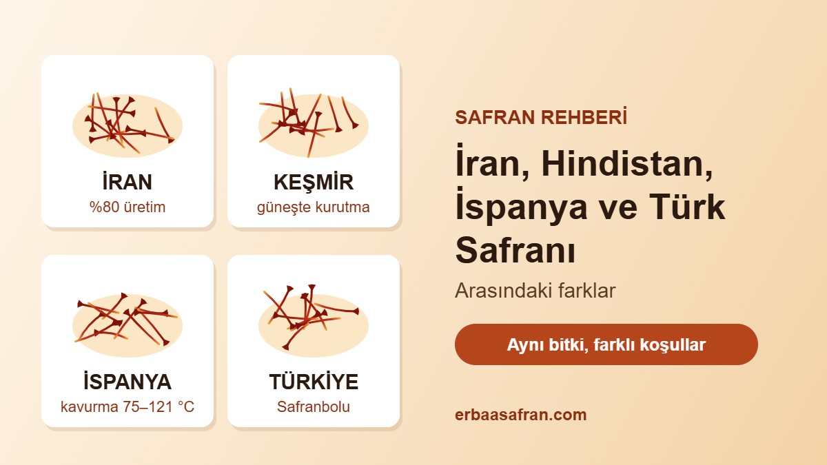 İran, Keşmir, İspanya ve Türkiye safranını dört kartta karşılaştıran görsel; üretim payı, kurutma yöntemi ve Safranbolu vurgusu