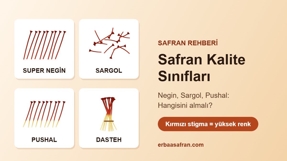 Super Negin, Sargol, Pushal ve Dasteh safran sınıflarının tel görünümlerini karşılaştıran görsel; kırmızı stigma ve sarı stil farkı