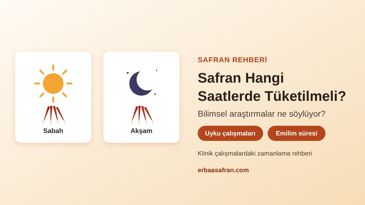 Safran hangi saatlerde tüketilmeli sorusunu sabah ve akşam simgeleri ile safran telleri üzerinden anlatan görsel; klinik çalışmalardaki zamanlama rehberi